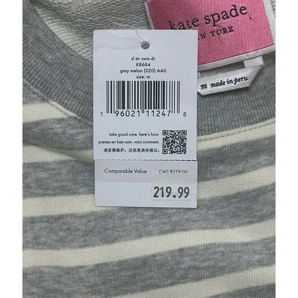 New $219 KATE SPADE Sailing Stripe Sweatshirt Dress Ruffle Flounce Sundress Gray